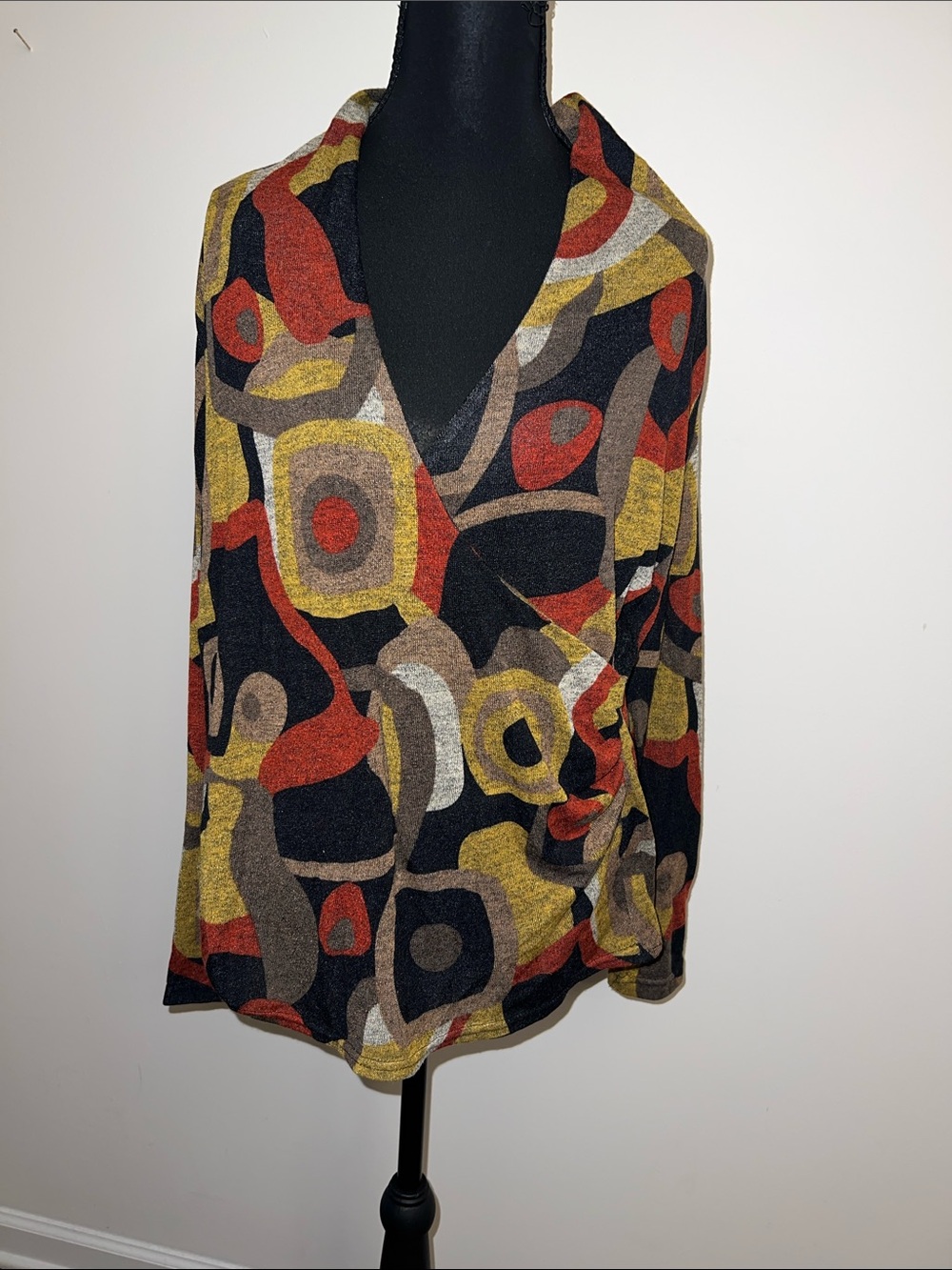 Abstract Print V-Neck Sweater in Black with Rust & Mustard